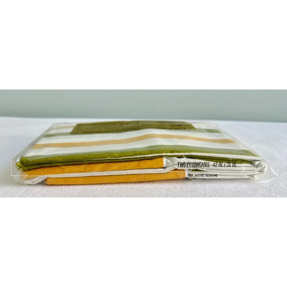 Vintage Cannon Monticello Striped Pillowcases Gold Green White Set of 2 NOS USA